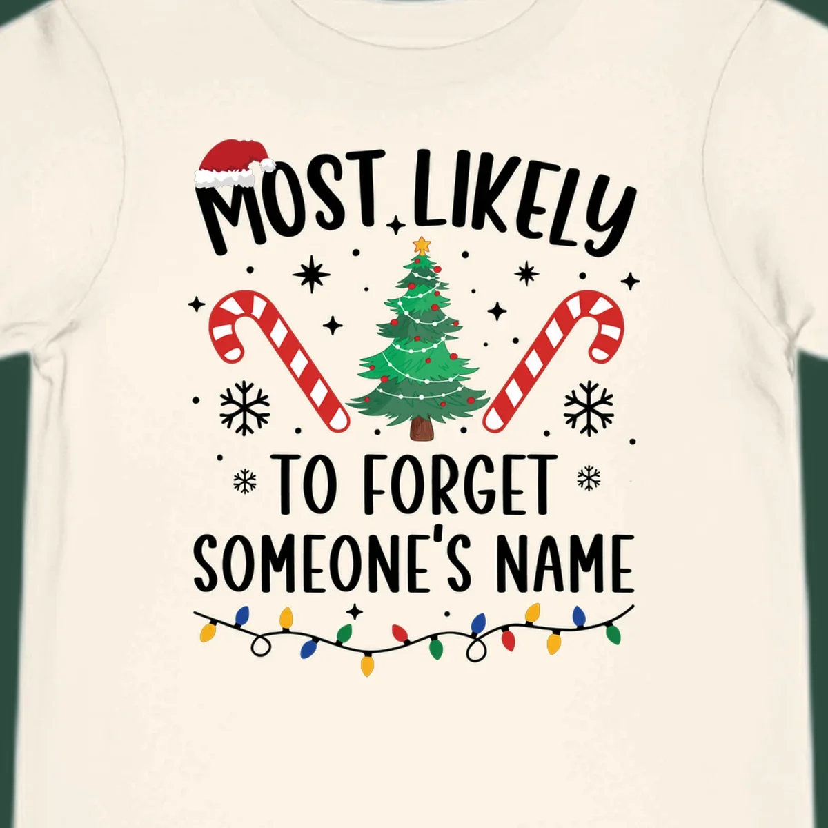 Most Likely To Forget Someone's Name Christmas design with tree, candy canes, and lights.