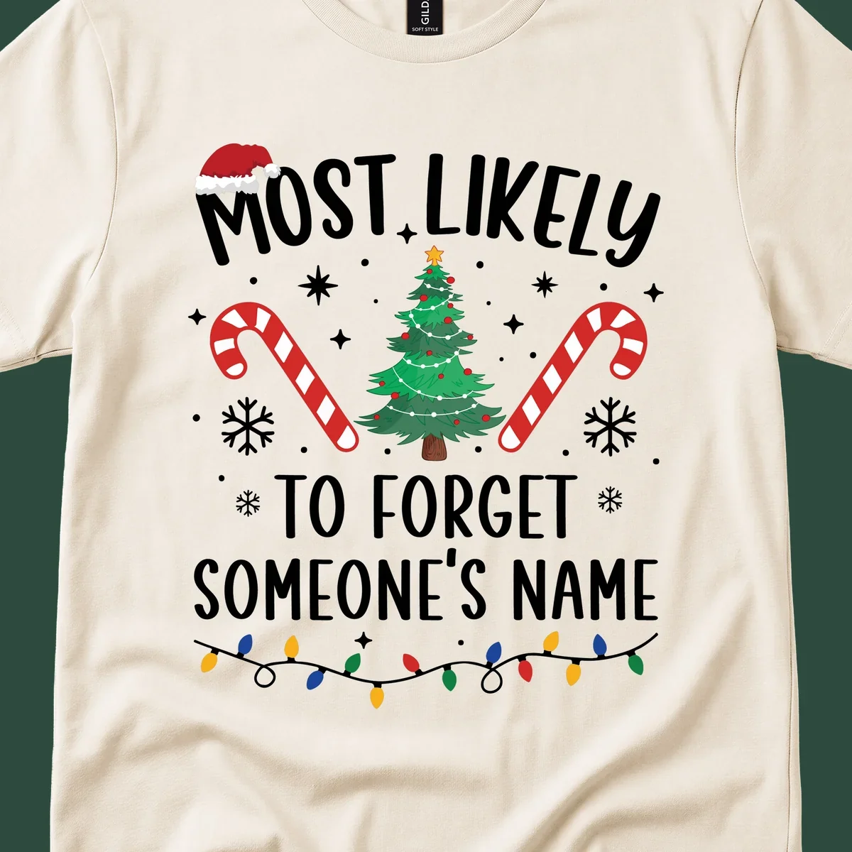 Most Likely To Forget Someone's Name Christmas design with tree, candy canes, and lights.