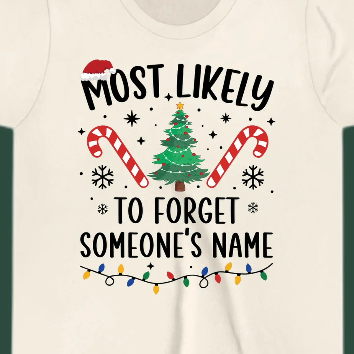 Most Likely To Forget Someone's Name Christmas design with tree, candy canes, and lights.