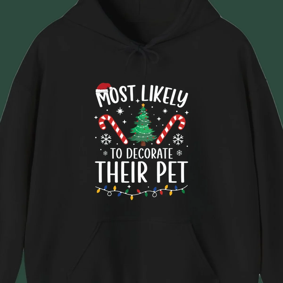 Most Likely To Decorate Their Pet Christmas design with Santa hat, tree, and candy canes.