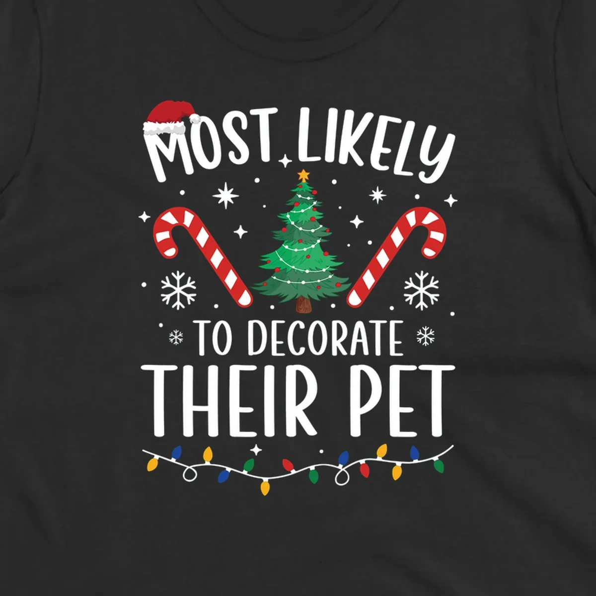 Most Likely To Decorate Their Pet Christmas design with Santa hat, tree, and candy canes.