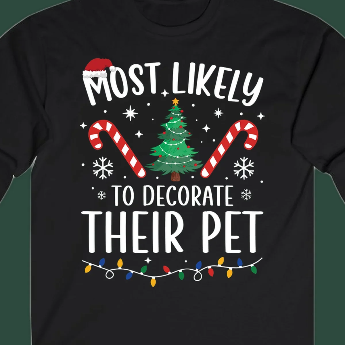 Most Likely To Decorate Their Pet Christmas design with Santa hat, tree, and candy canes.