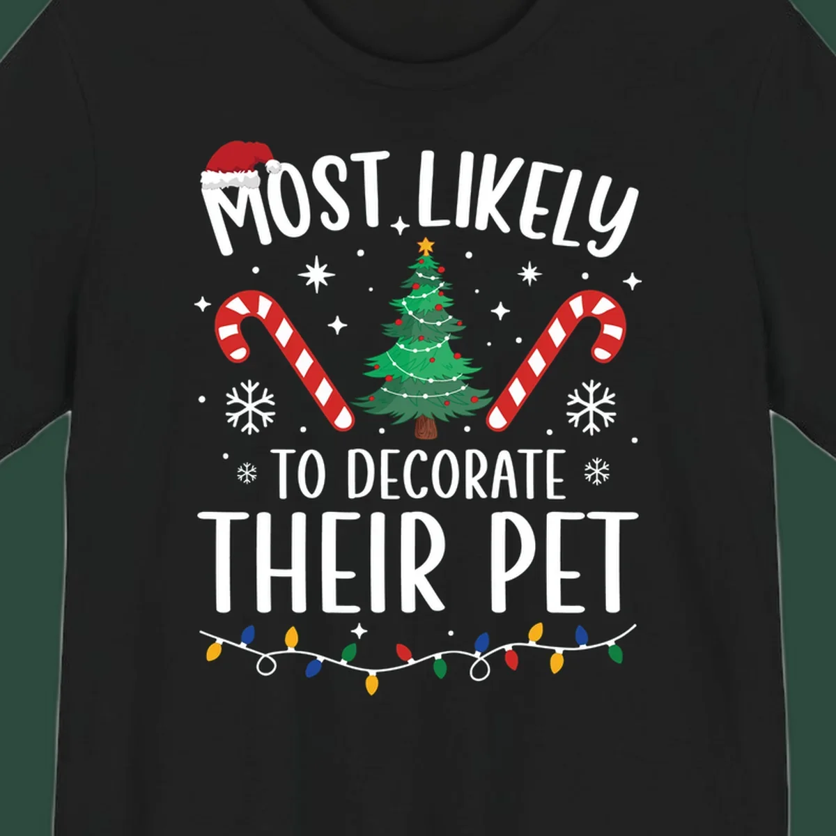 Most Likely To Decorate Their Pet Christmas design with Santa hat, tree, and candy canes.