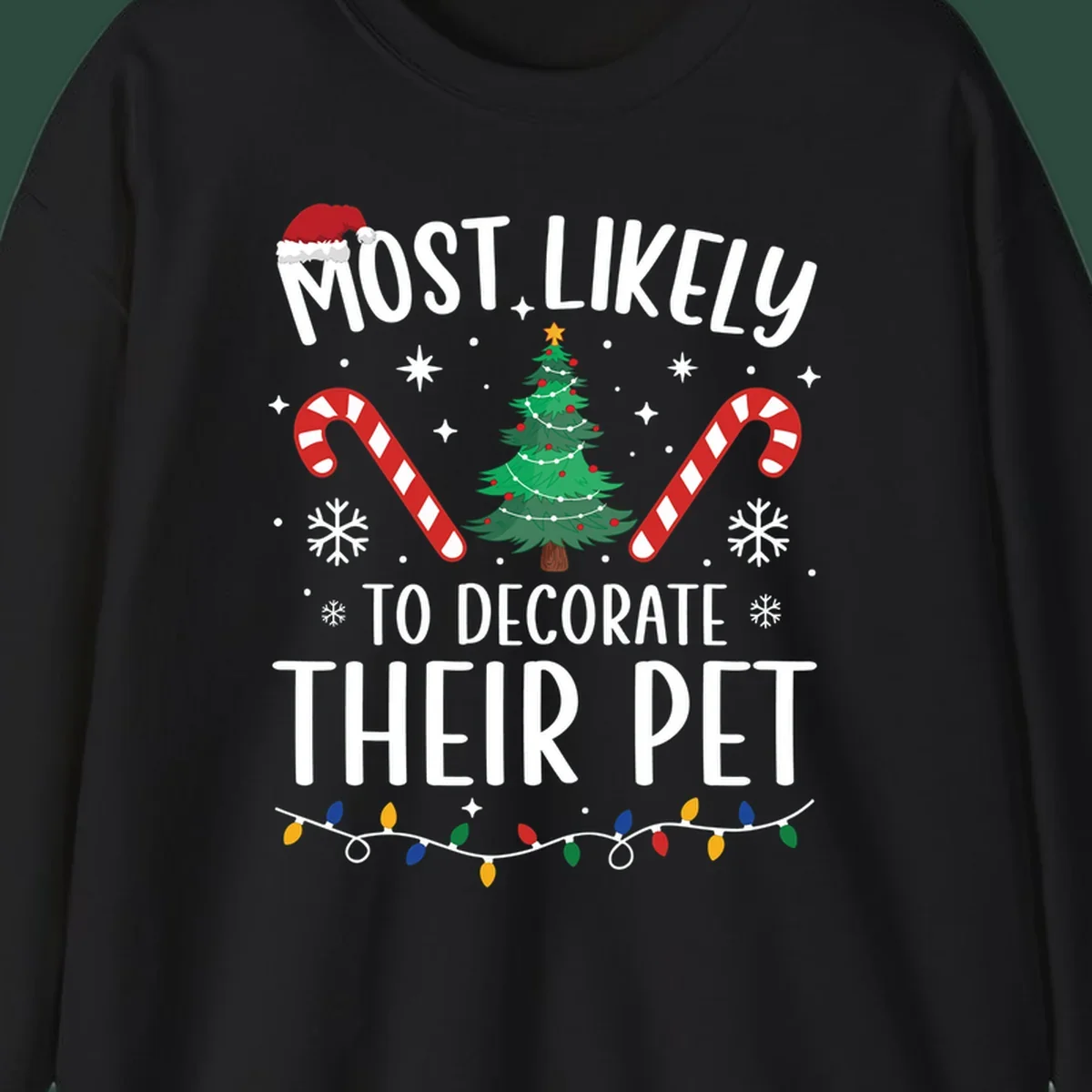 Most Likely To Decorate Their Pet Christmas design with Santa hat, tree, and candy canes.