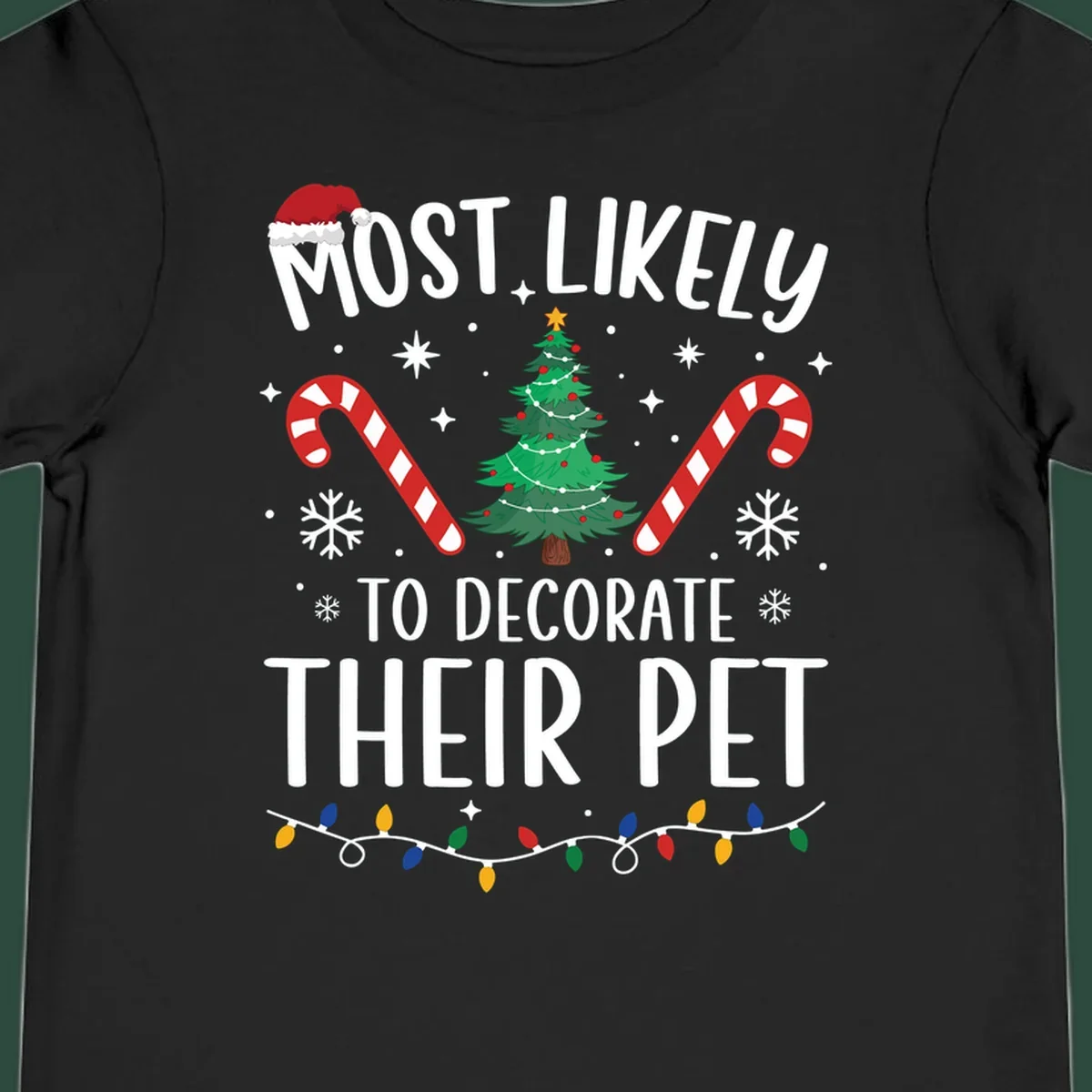 Most Likely To Decorate Their Pet Christmas design with Santa hat, tree, and candy canes.
