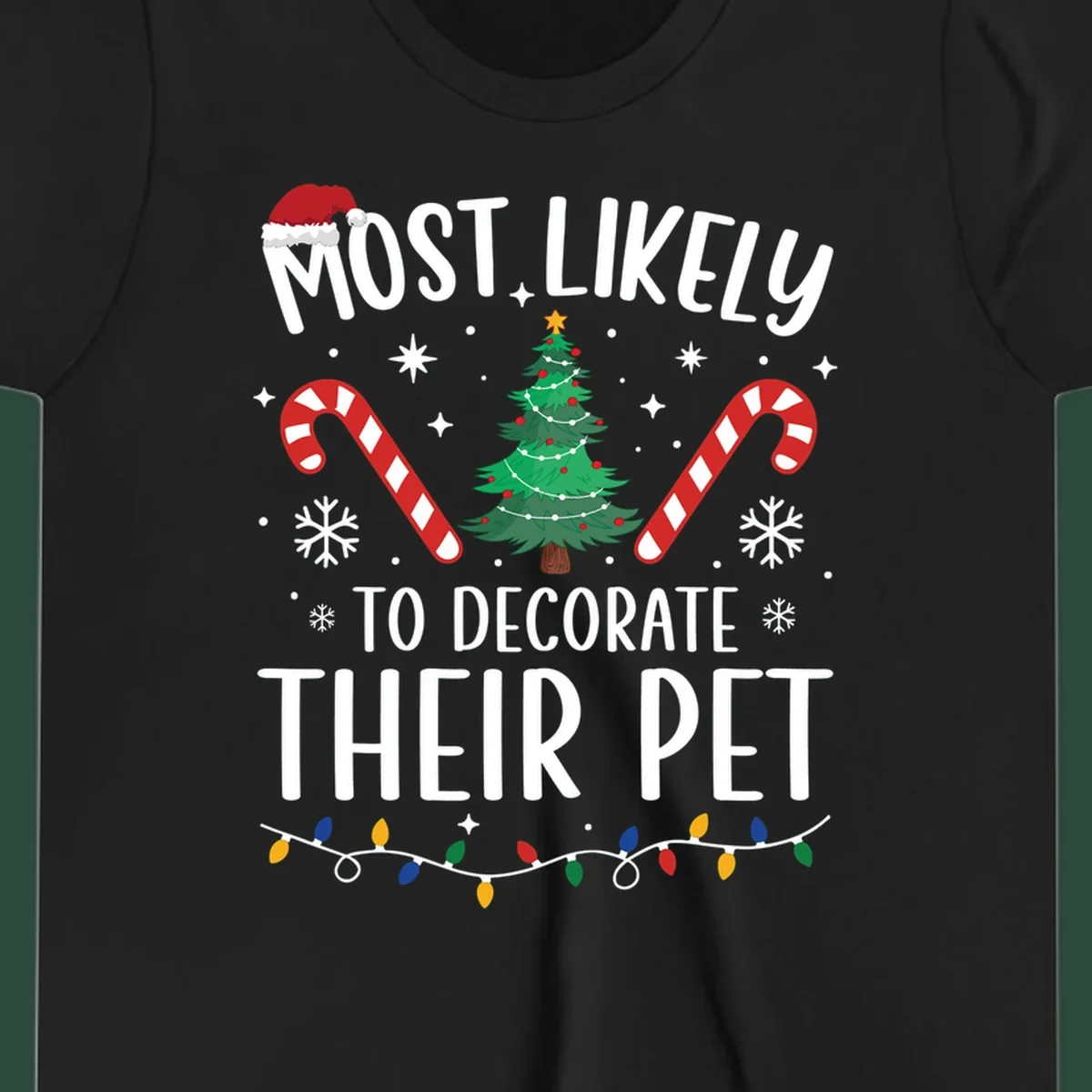 Most Likely To Decorate Their Pet Christmas design with Santa hat, tree, and candy canes.