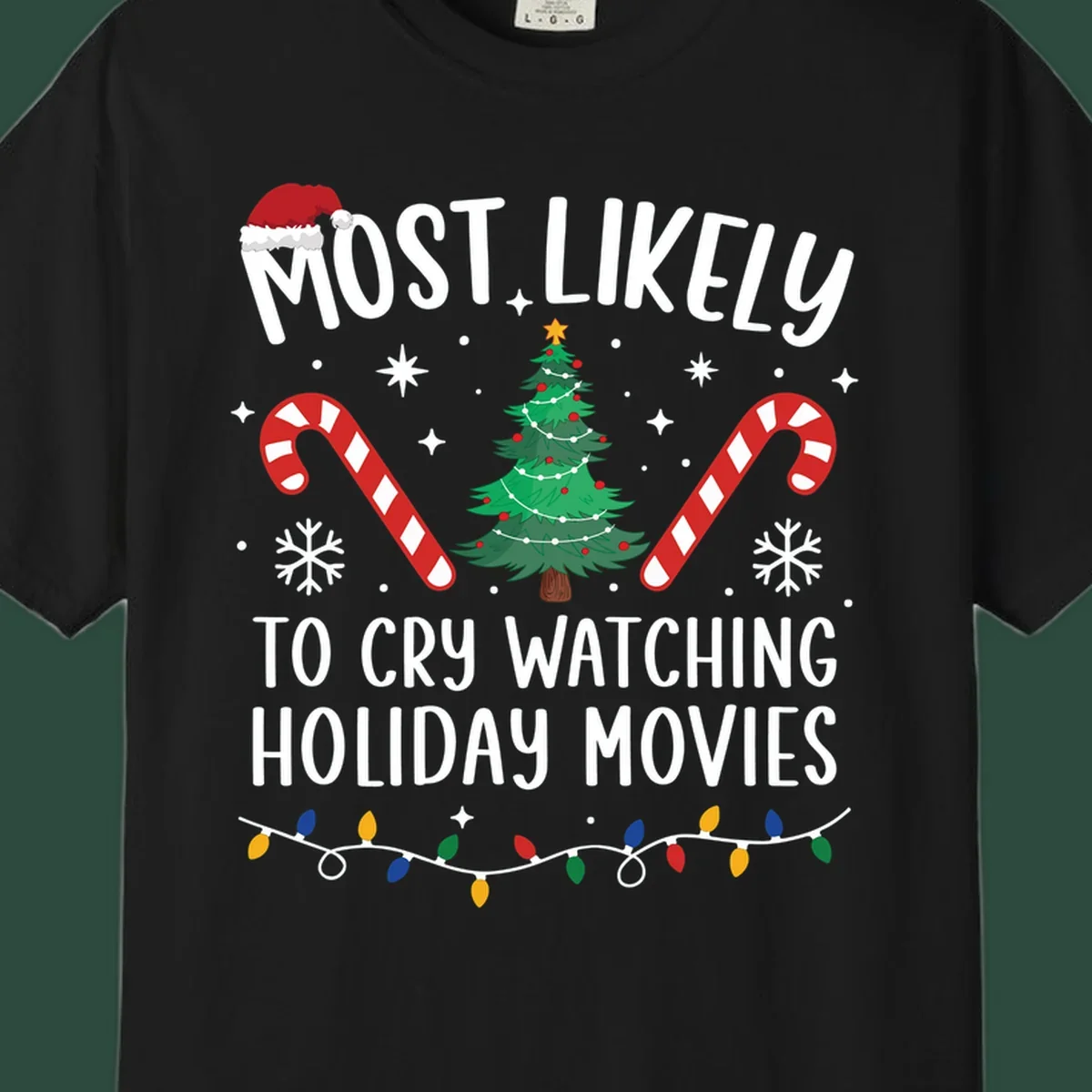 Most Likely To Cry Watching Holiday Movies design with Christmas tree, candy canes, and festive text.