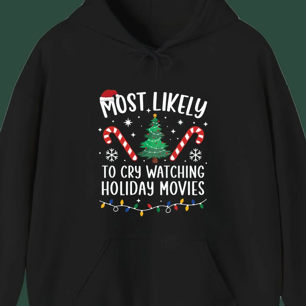 Most Likely To Cry Watching Holiday Movies design with Christmas tree, candy canes, and festive text.