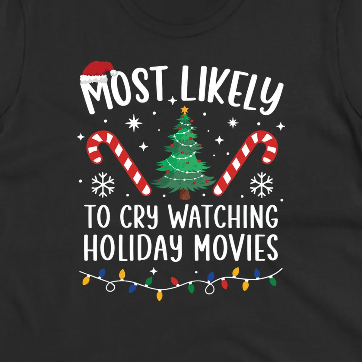 Most Likely To Cry Watching Holiday Movies design with Christmas tree, candy canes, and festive text.