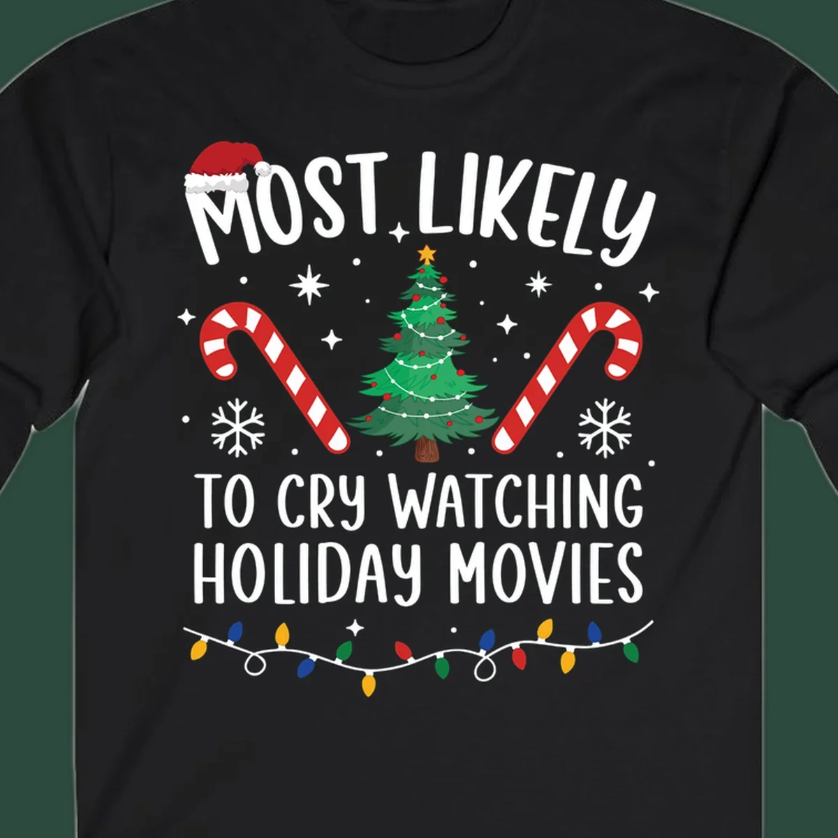 Most Likely To Cry Watching Holiday Movies design with Christmas tree, candy canes, and festive text.