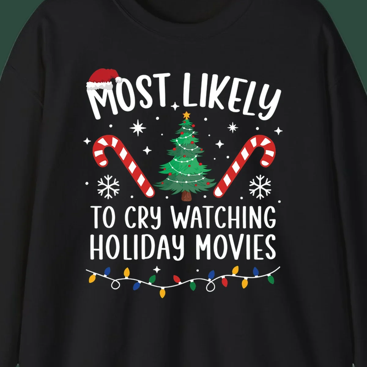 Most Likely To Cry Watching Holiday Movies design with Christmas tree, candy canes, and festive text.