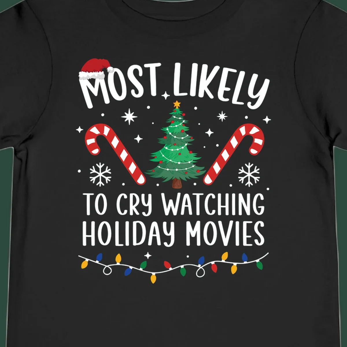 Most Likely To Cry Watching Holiday Movies design with Christmas tree, candy canes, and festive text.
