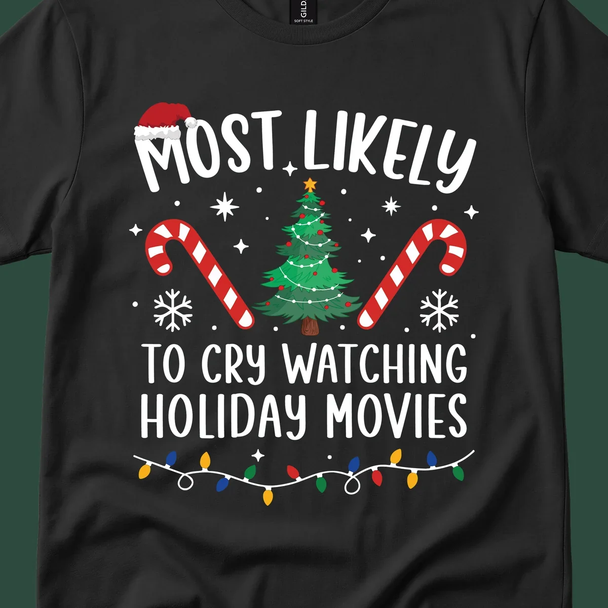 Most Likely To Cry Watching Holiday Movies design with Christmas tree, candy canes, and festive text.