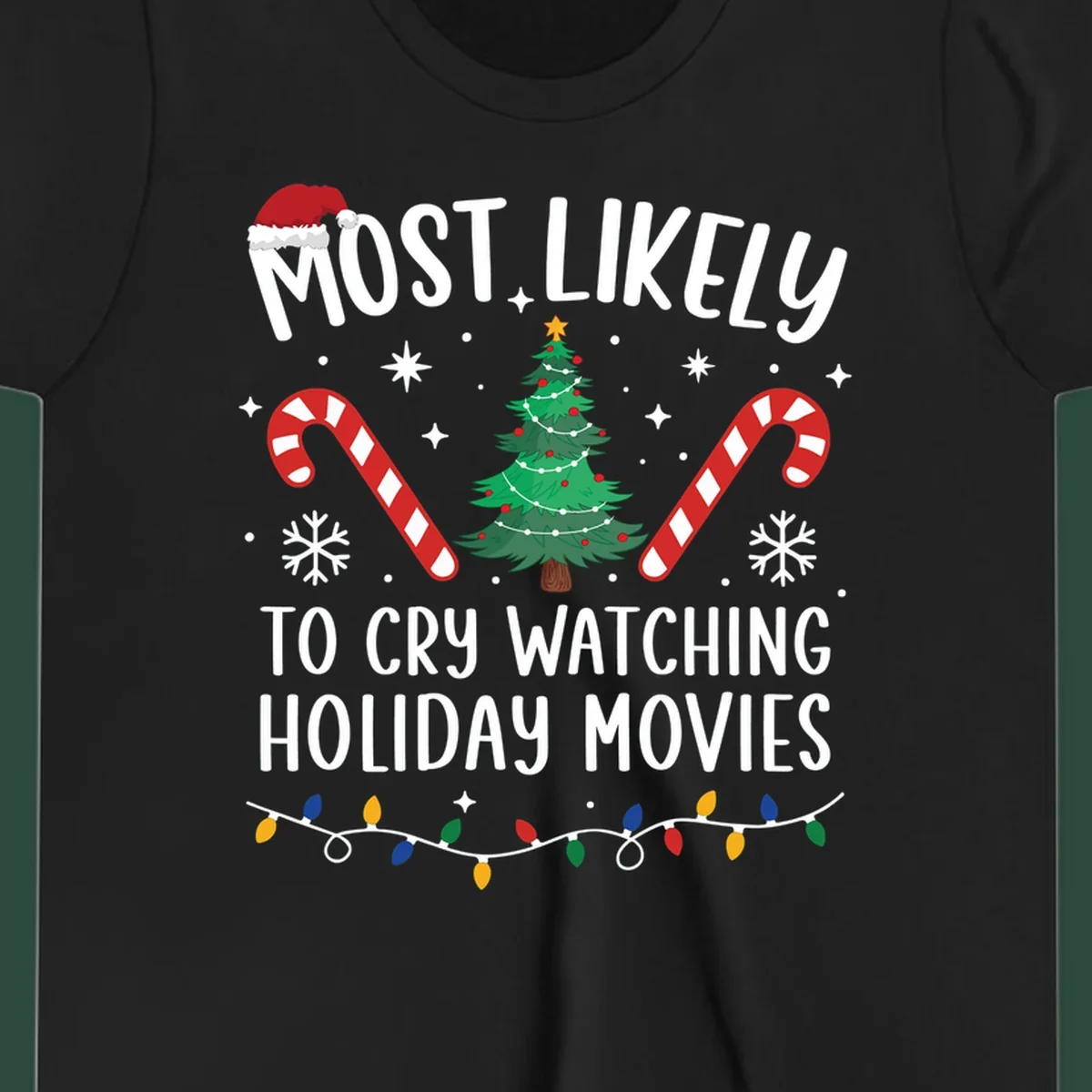 Most Likely To Cry Watching Holiday Movies design with Christmas tree, candy canes, and festive text.