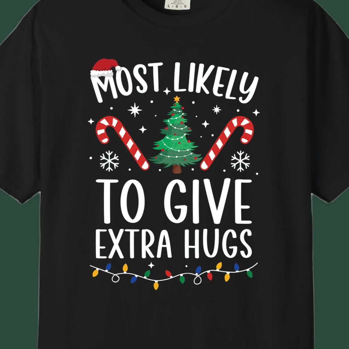 Most Likely To Give Extra Hugs Christmas design with text, tree, candy canes, and lights.