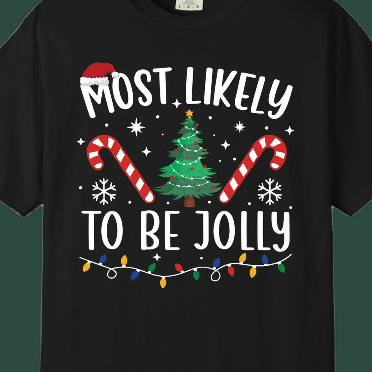 Most Likely To Be Jolly Christmas Tree design with text, Santa hat, candy canes, and festive elements.