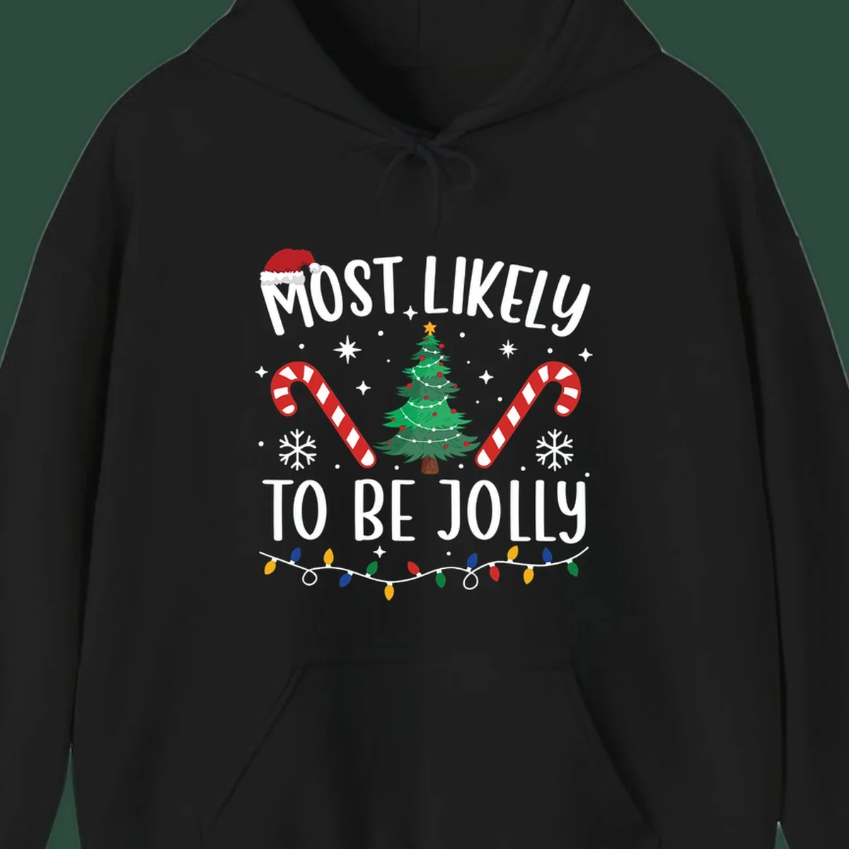Most Likely To Be Jolly Christmas Tree design with text, Santa hat, candy canes, and festive elements.