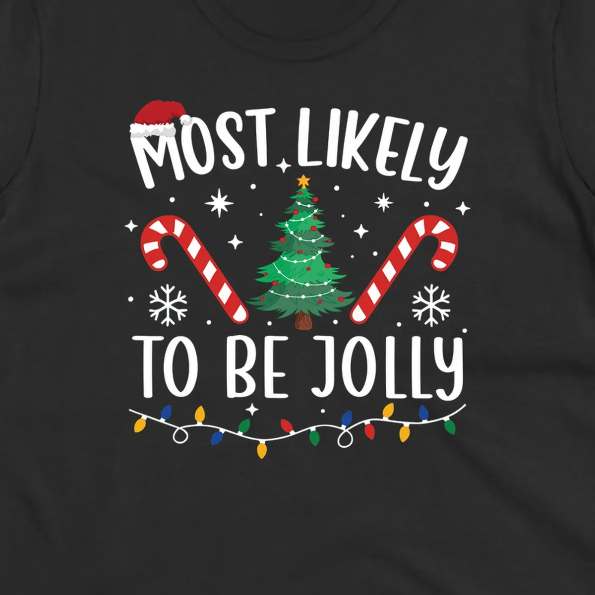 Most Likely To Be Jolly Christmas Tree design with text, Santa hat, candy canes, and festive elements.
