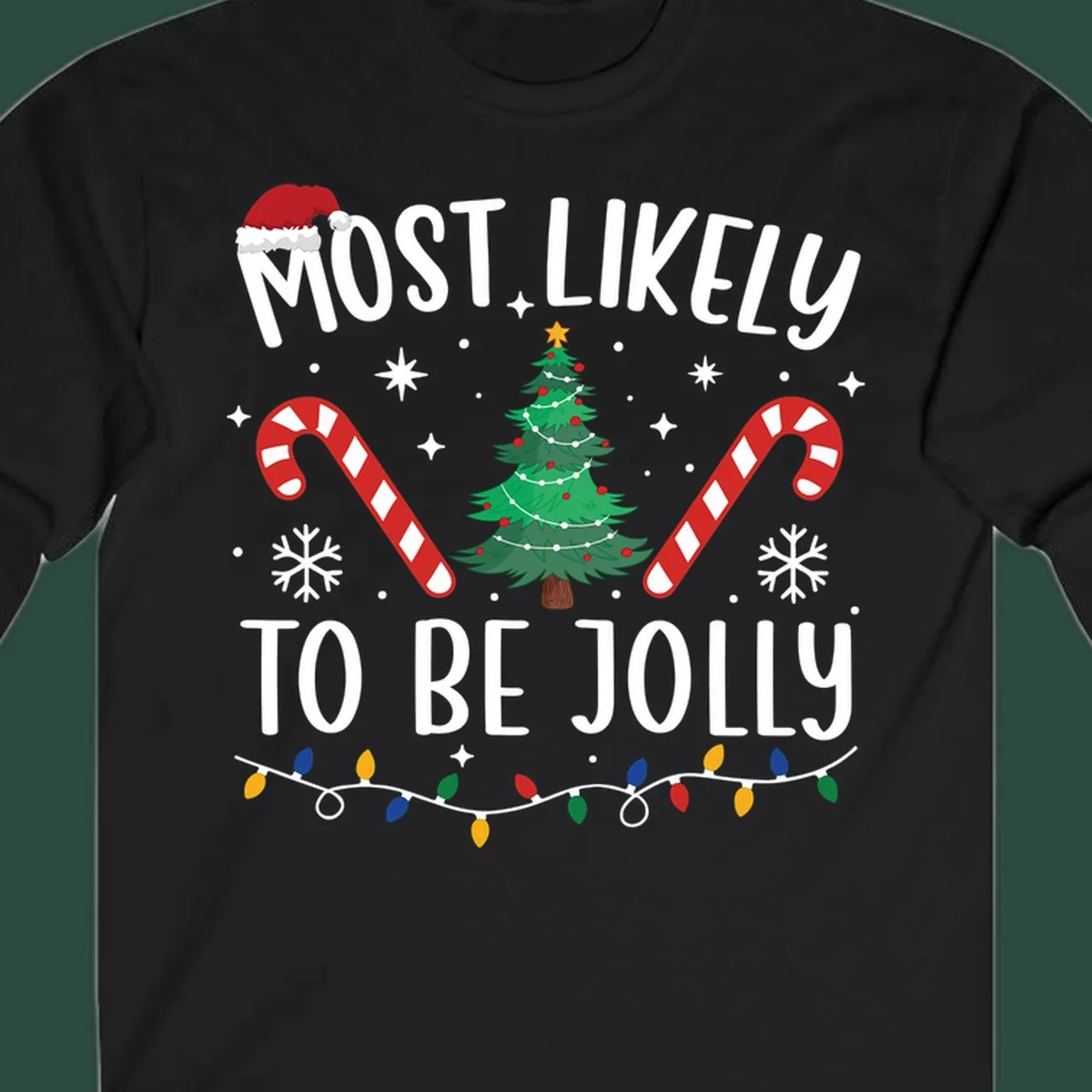 Most Likely To Be Jolly Christmas Tree design with text, Santa hat, candy canes, and festive elements.