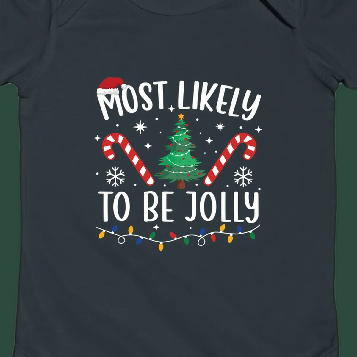 Most Likely To Be Jolly Christmas Tree design with text, Santa hat, candy canes, and festive elements.