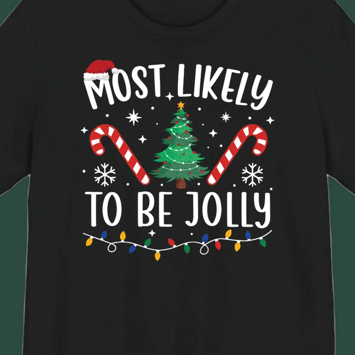 Most Likely To Be Jolly Christmas Tree design with text, Santa hat, candy canes, and festive elements.