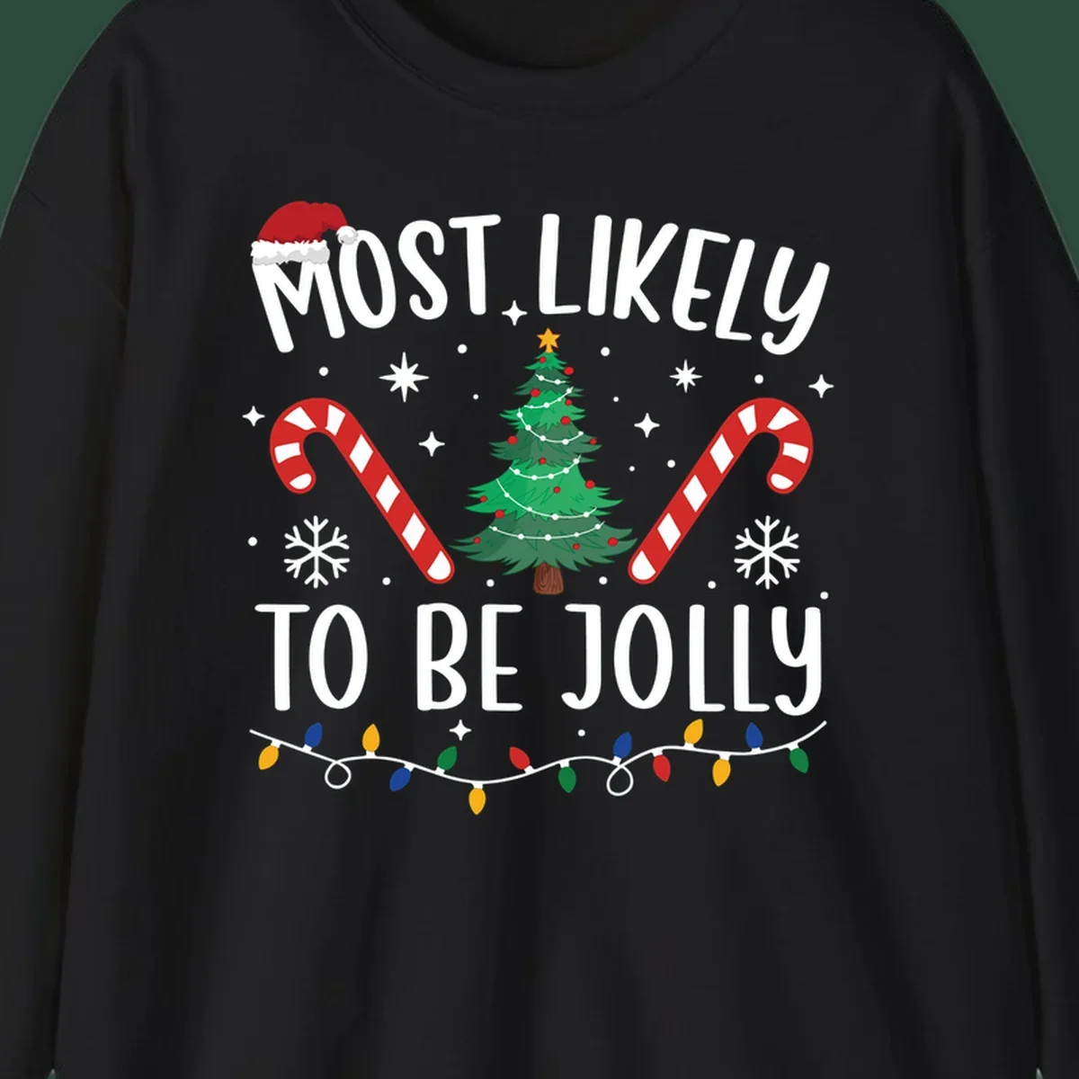 Most Likely To Be Jolly Christmas Tree design with text, Santa hat, candy canes, and festive elements.