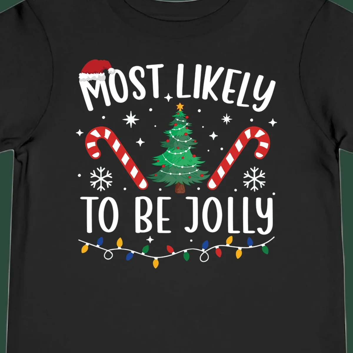 Most Likely To Be Jolly Christmas Tree design with text, Santa hat, candy canes, and festive elements.