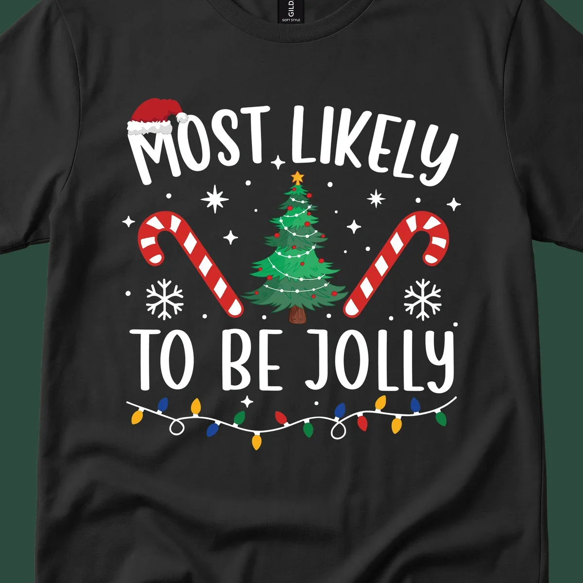 Most Likely To Be Jolly Christmas Tree design with text, Santa hat, candy canes, and festive elements.
