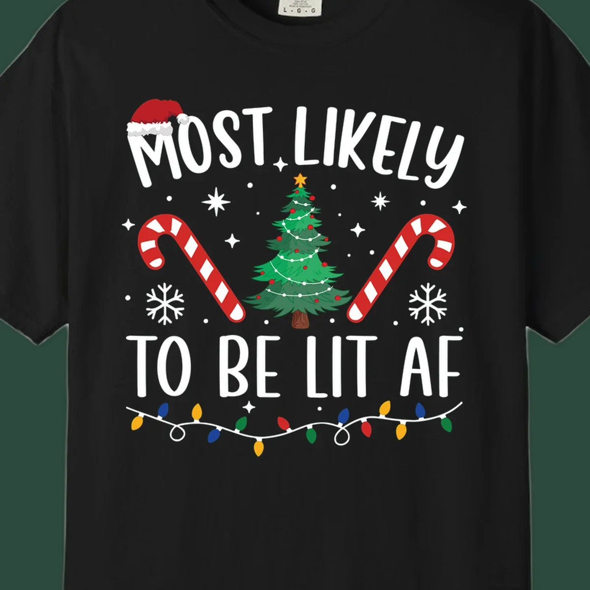 Most Likely To Be Lit AF Christmas Crew graphic with text, tree, candy canes, and lights.