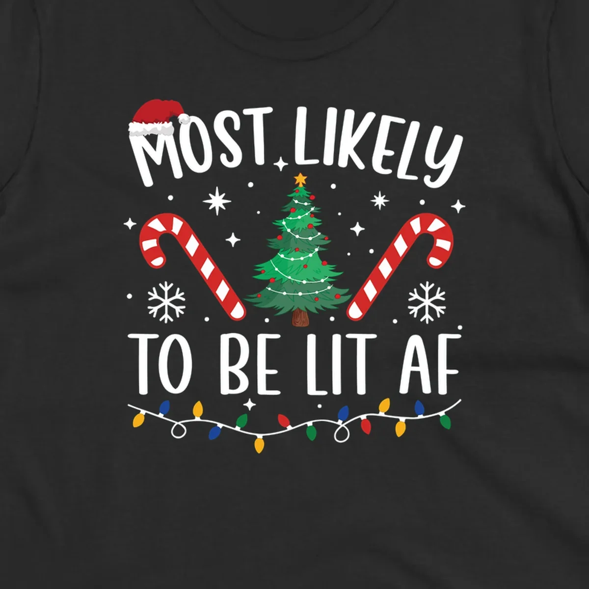 Most Likely To Be Lit AF Christmas Crew graphic with text, tree, candy canes, and lights.