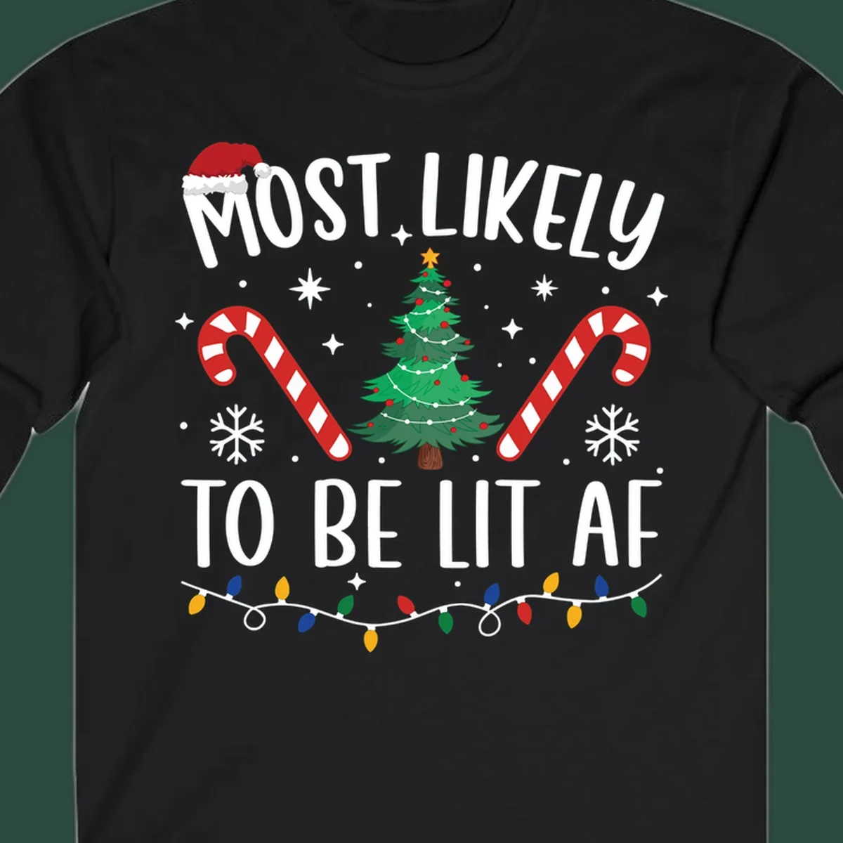 Most Likely To Be Lit AF Christmas Crew graphic with text, tree, candy canes, and lights.