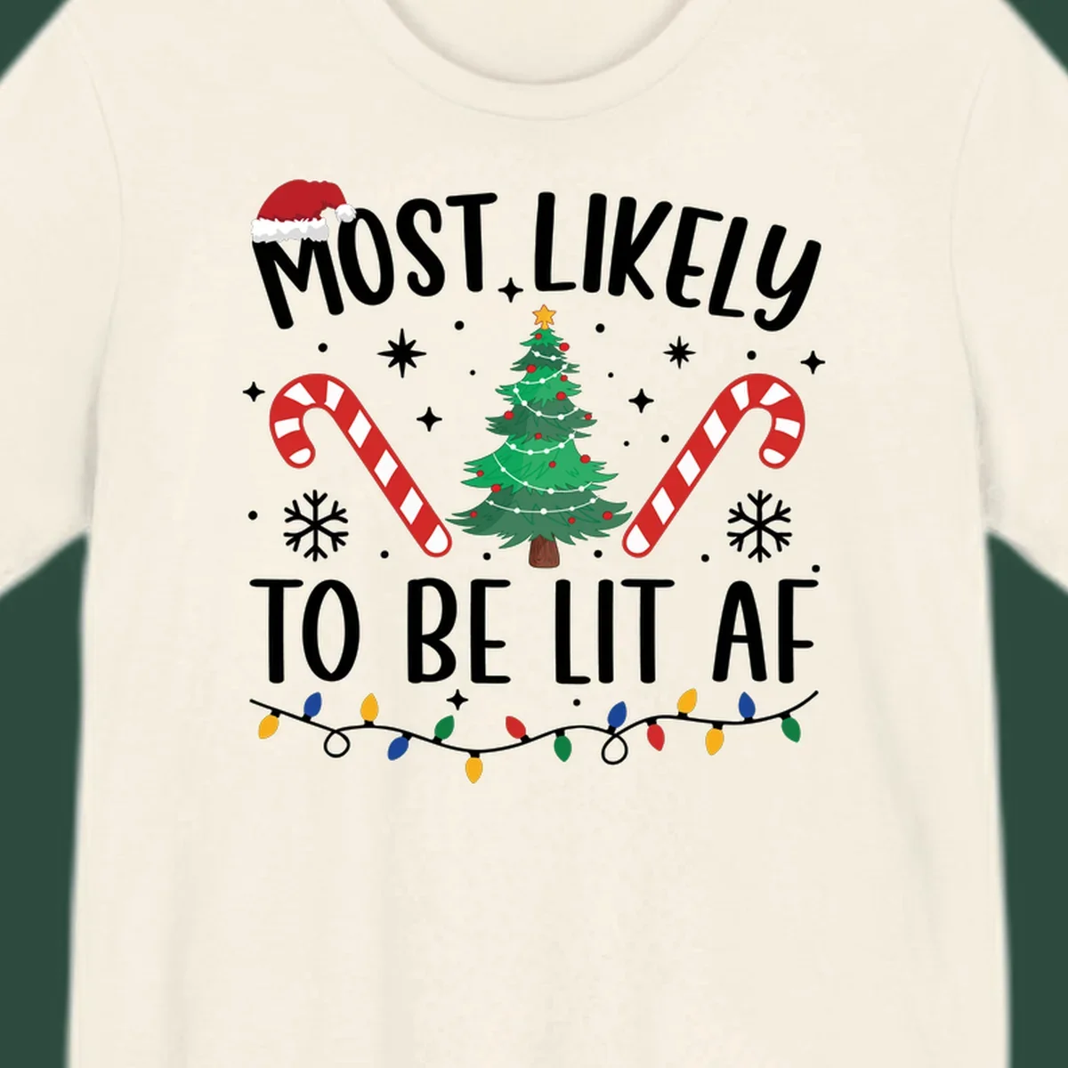 Most Likely To Be Lit AF Christmas Crew graphic with text, tree, candy canes, and lights.
