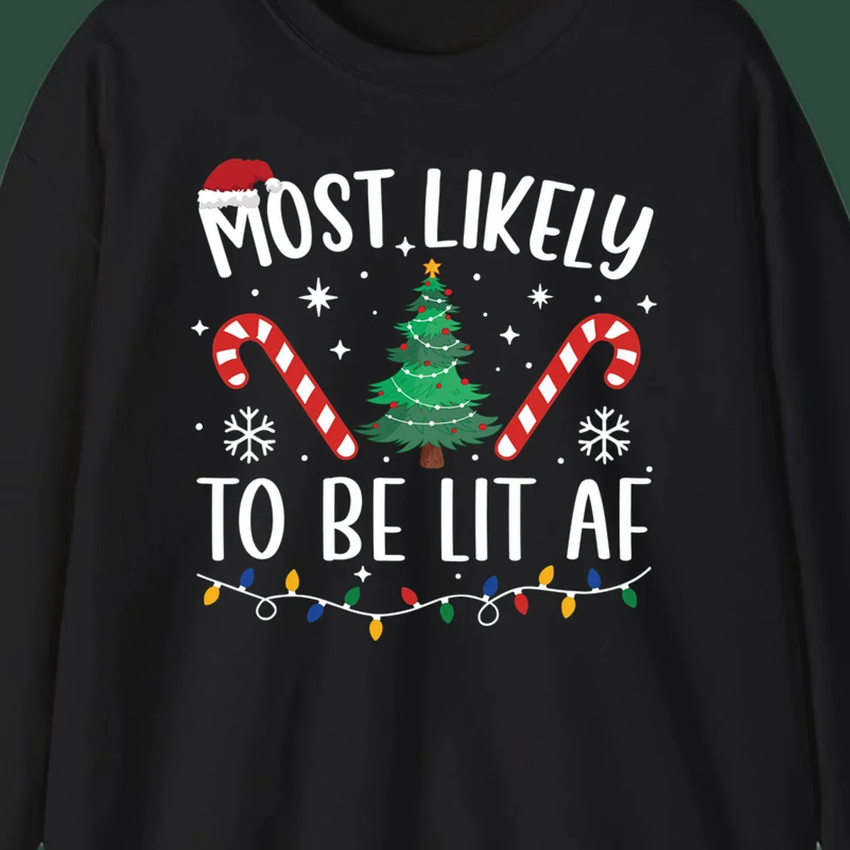 Most Likely To Be Lit AF Christmas Crew graphic with text, tree, candy canes, and lights.