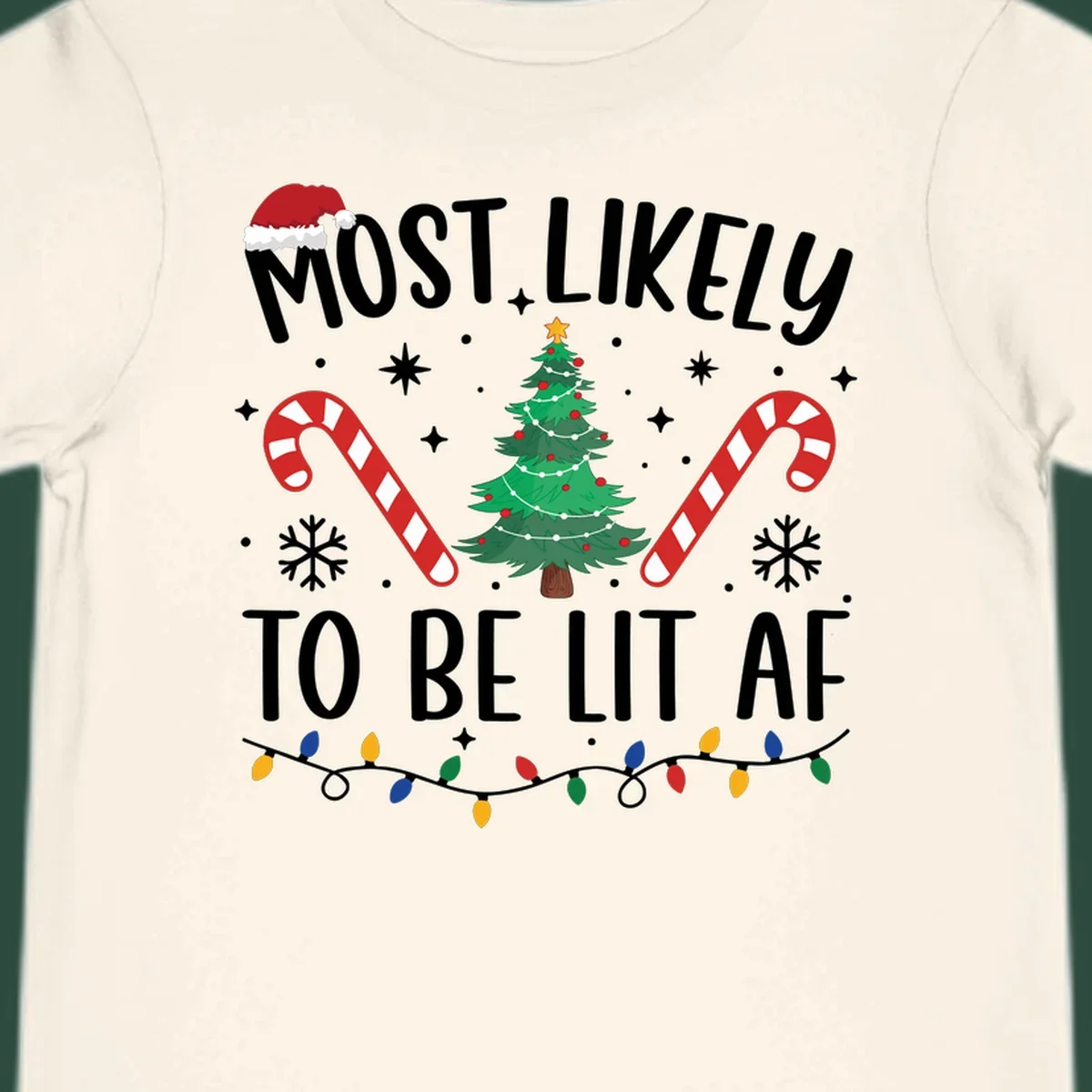 Most Likely To Be Lit AF Christmas Crew graphic with text, tree, candy canes, and lights.