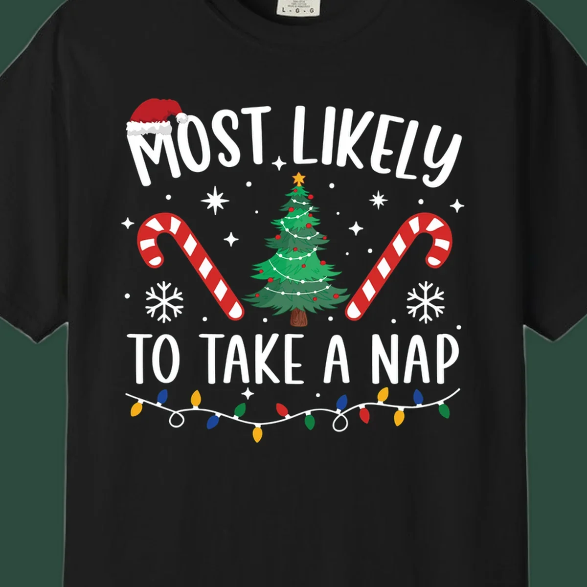 Most Likely To Take A Nap Christmas Design with tree, candy canes, and santa hat. christmas-nap-crew.