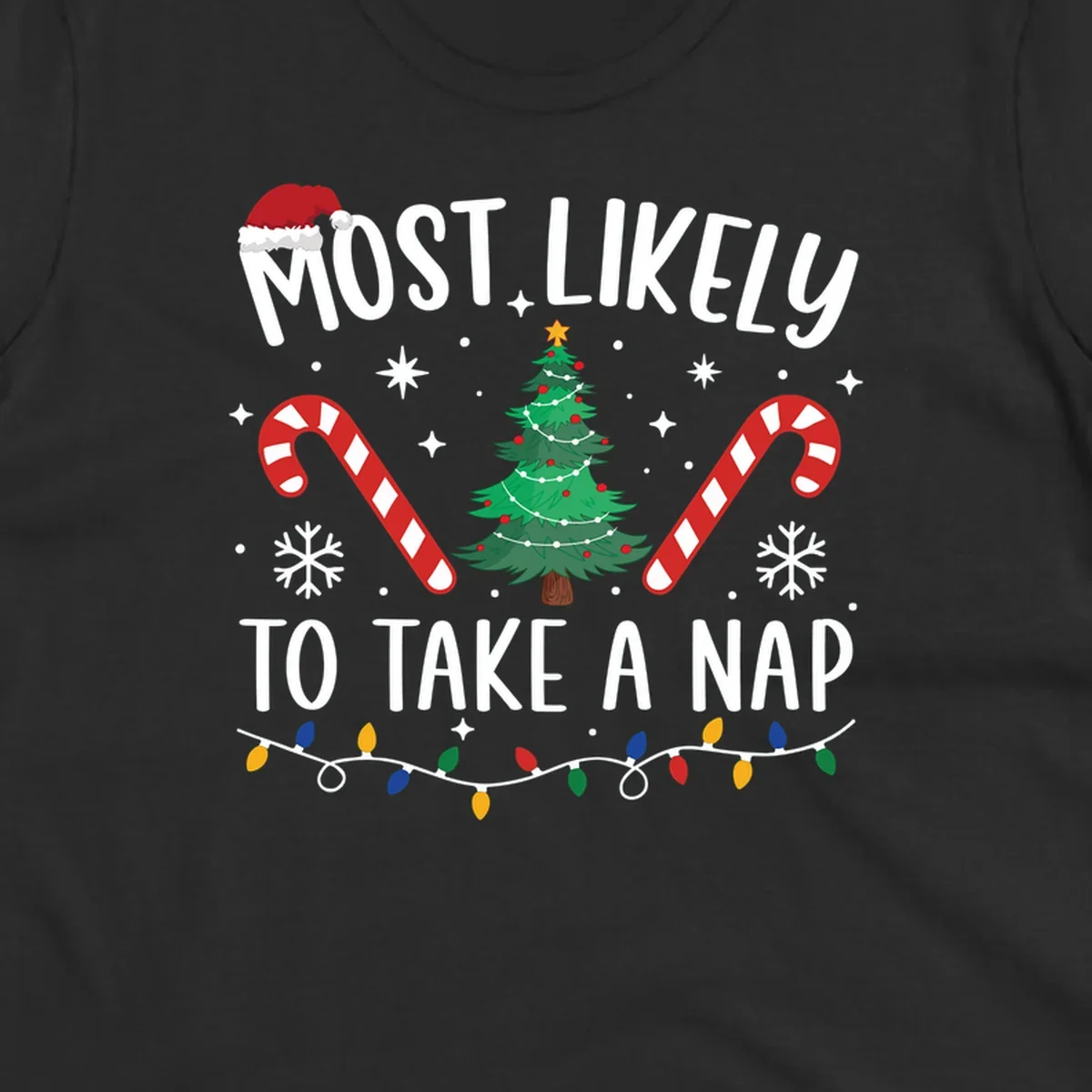 Most Likely To Take A Nap Christmas Design with tree, candy canes, and santa hat. christmas-nap-crew.