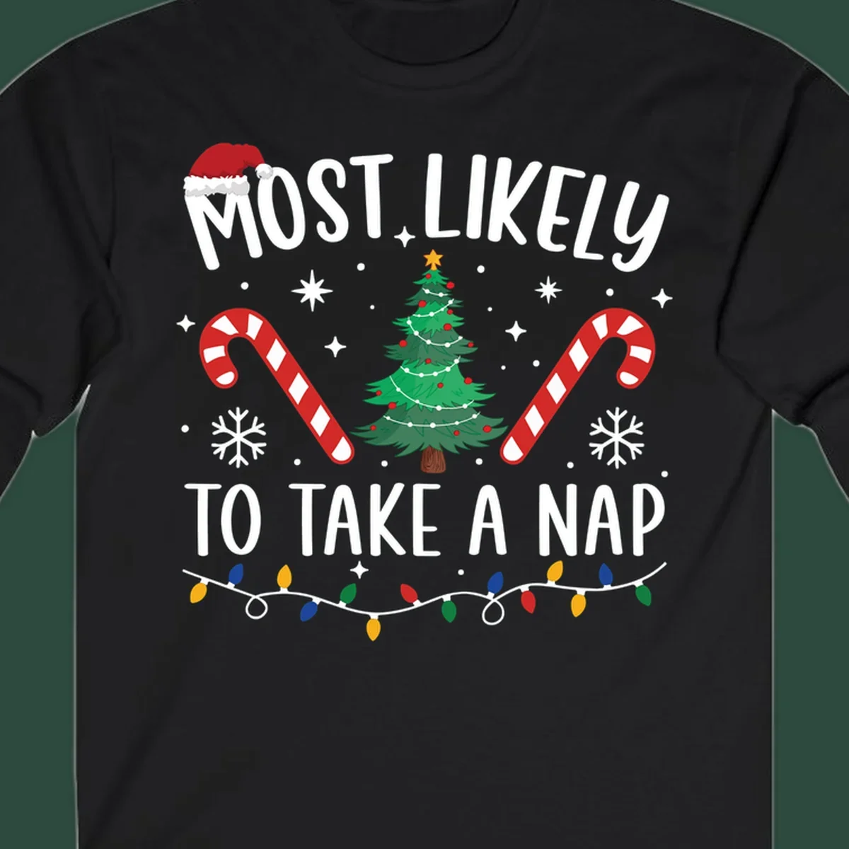 Most Likely To Take A Nap Christmas Design with tree, candy canes, and santa hat. christmas-nap-crew.