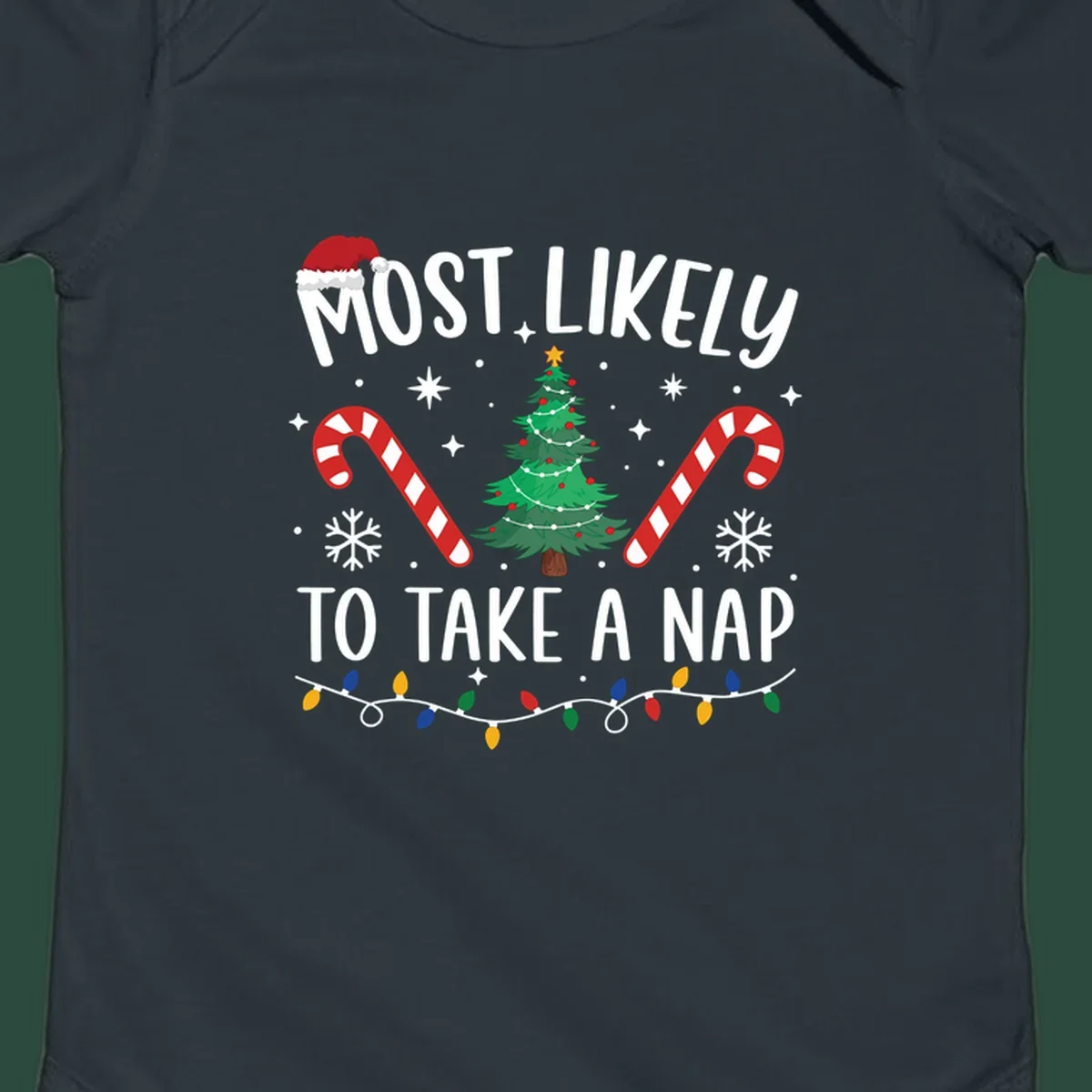 Most Likely To Take A Nap Christmas Design with tree, candy canes, and santa hat. christmas-nap-crew.