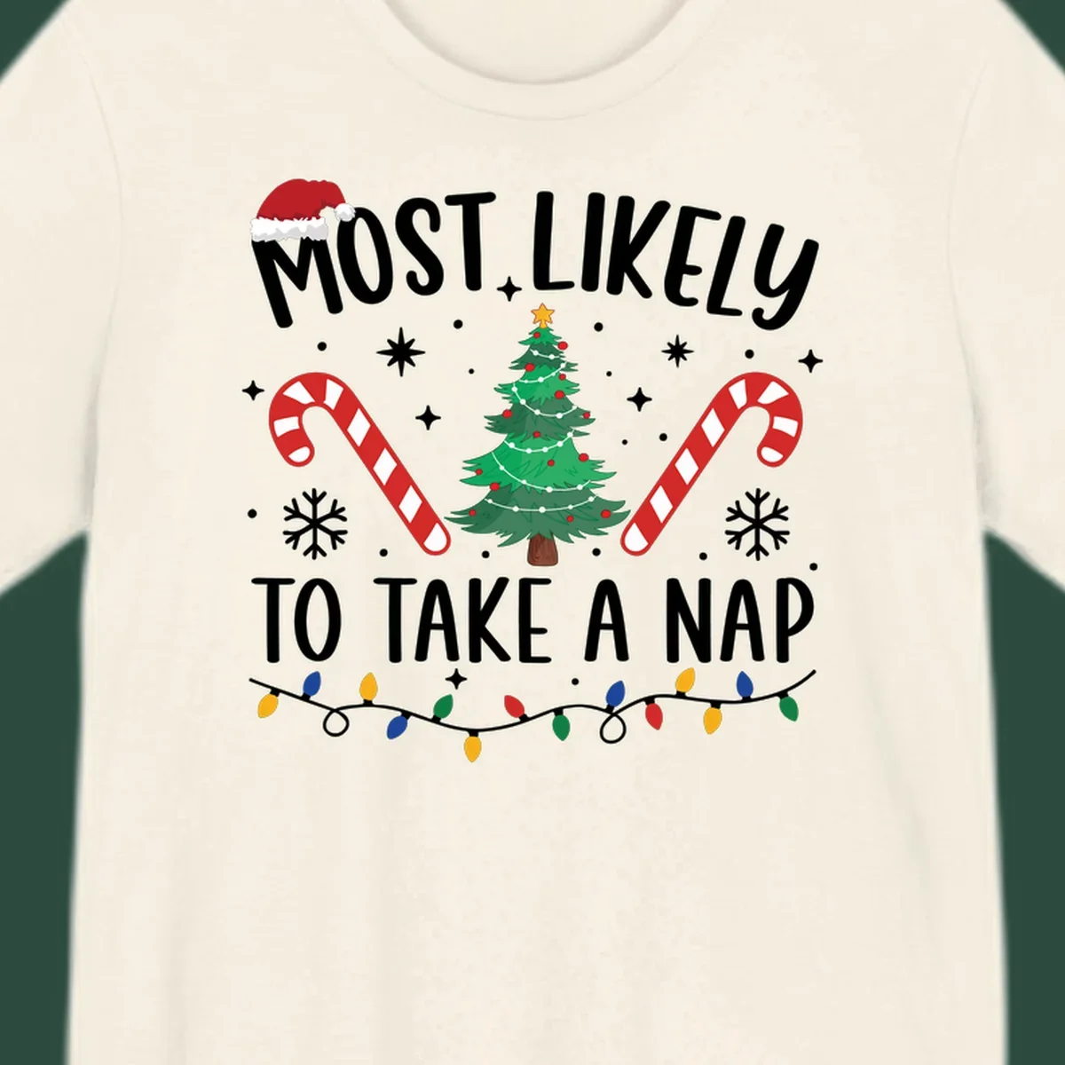 Most Likely To Take A Nap Christmas Design with tree, candy canes, and santa hat. christmas-nap-crew.