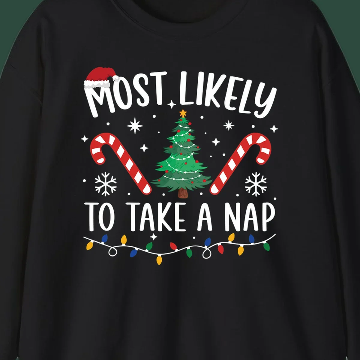 Most Likely To Take A Nap Christmas Design with tree, candy canes, and santa hat. christmas-nap-crew.