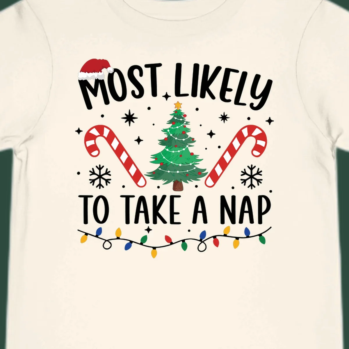 Most Likely To Take A Nap Christmas Design with tree, candy canes, and santa hat. christmas-nap-crew.