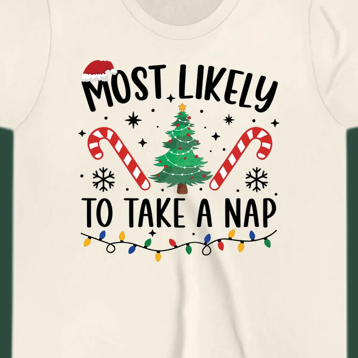 Most Likely To Take A Nap Christmas Design with tree, candy canes, and santa hat. christmas-nap-crew.