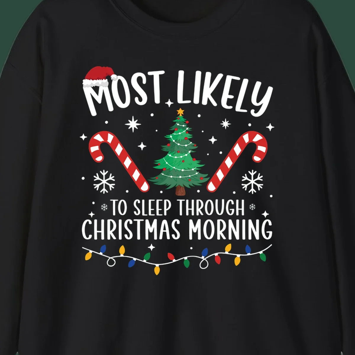 Text 'Most Likely To Sleep Through Christmas Morning' with Christmas icons like a tree, candy canes, and lights. Sleepy-christmas-morning design.