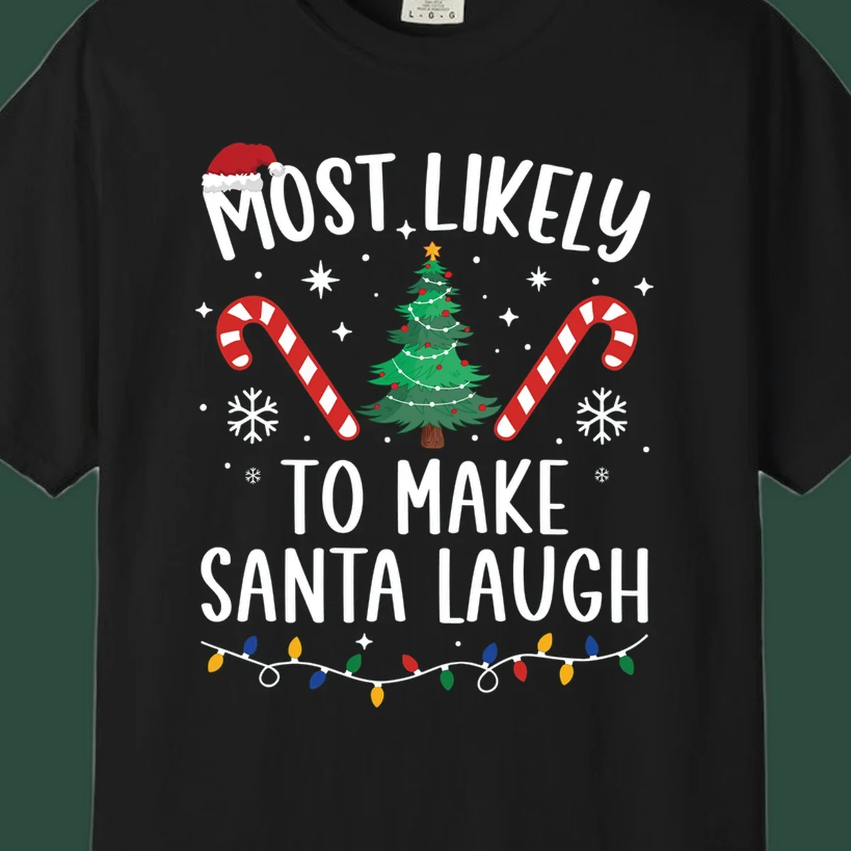Most likely to make Santa laugh Christmas design with text, tree, candy canes, and lights.