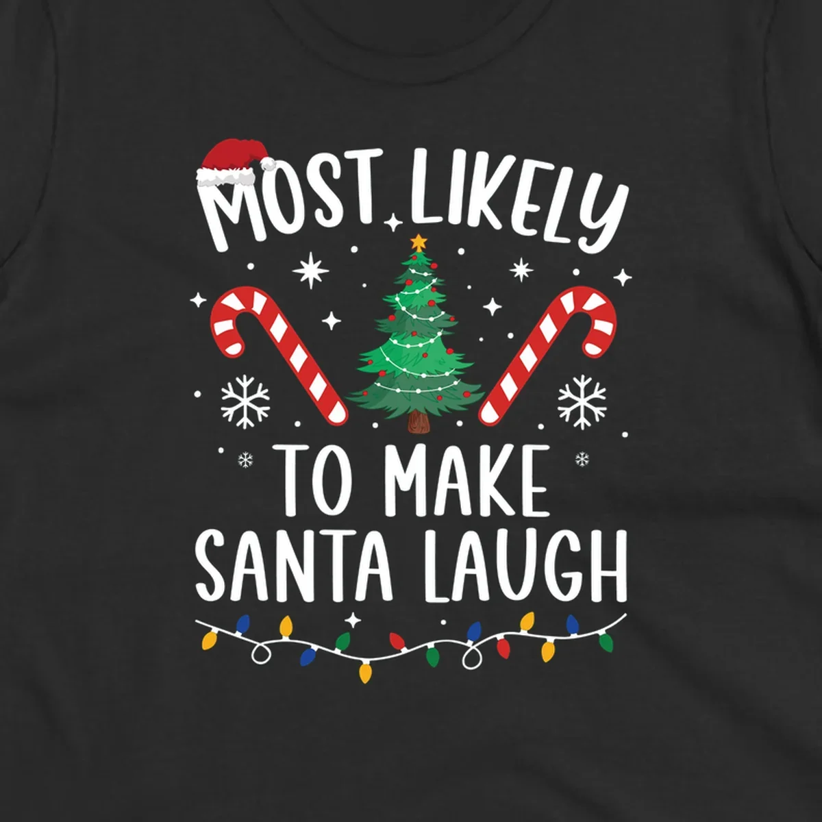 Most likely to make Santa laugh Christmas design with text, tree, candy canes, and lights.