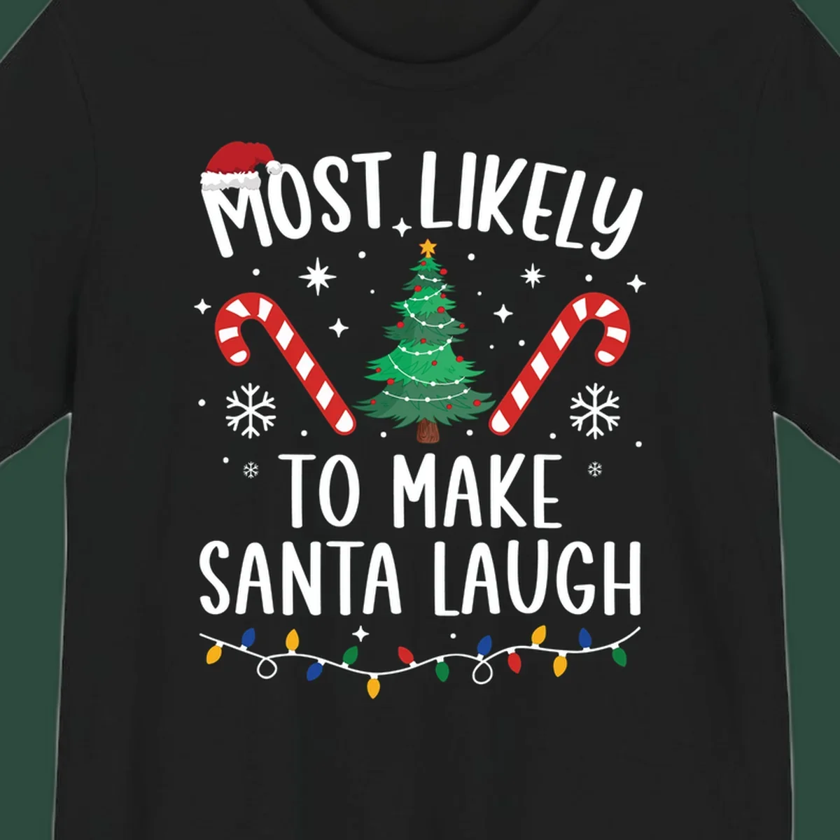 Most likely to make Santa laugh Christmas design with text, tree, candy canes, and lights.