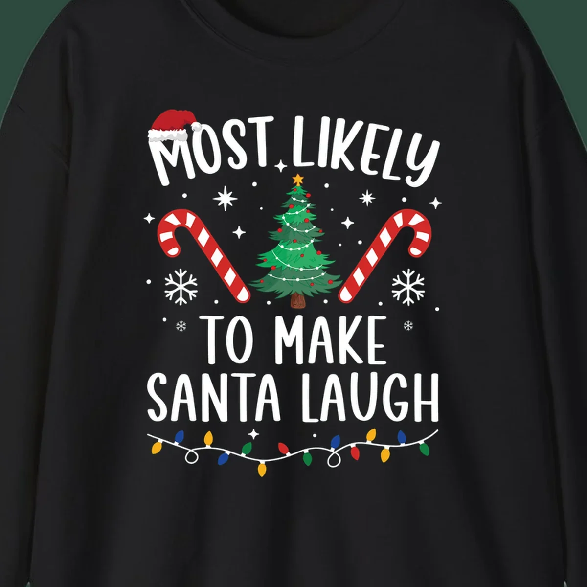 Most likely to make Santa laugh Christmas design with text, tree, candy canes, and lights.