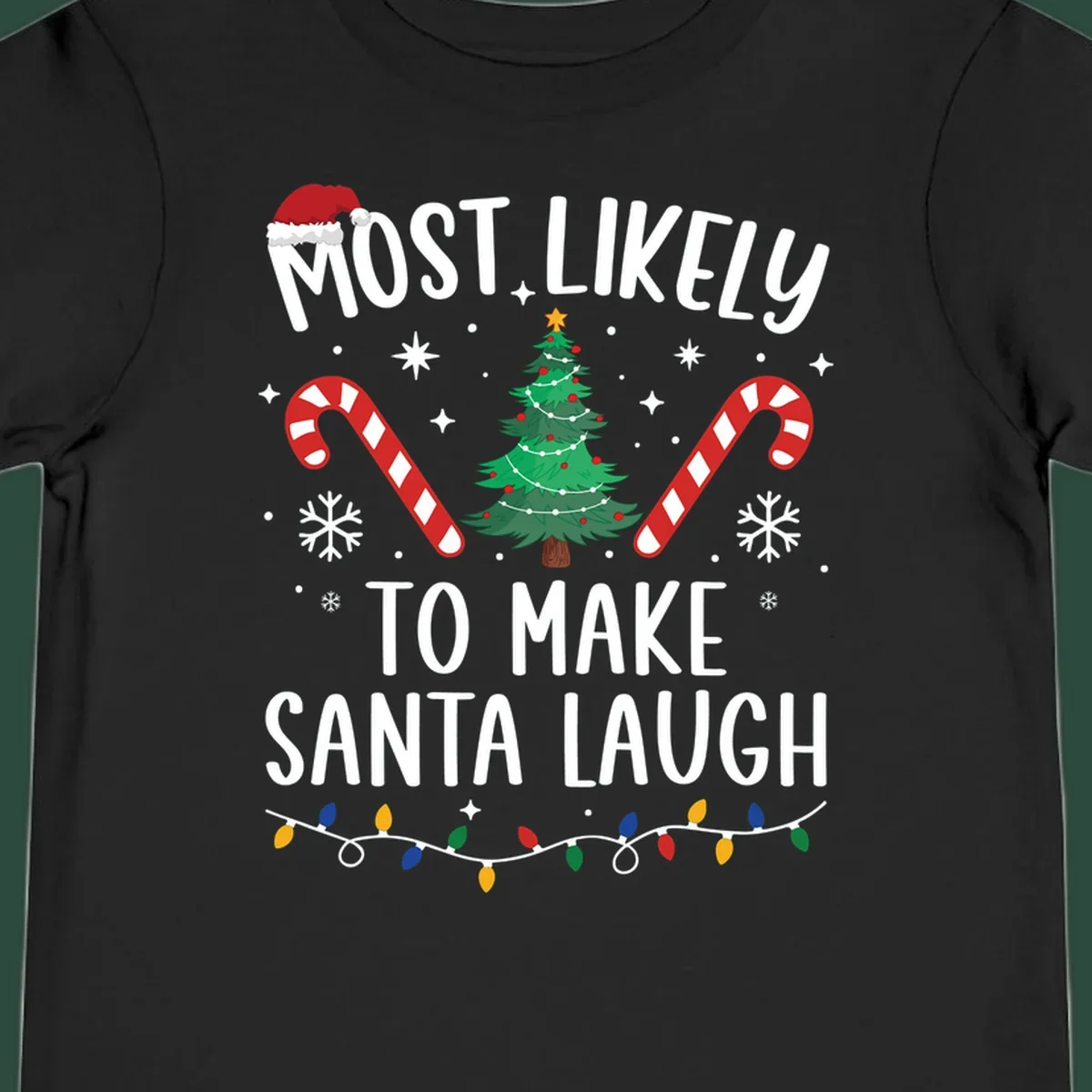 Most likely to make Santa laugh Christmas design with text, tree, candy canes, and lights.