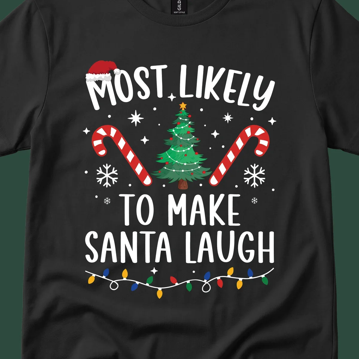Most likely to make Santa laugh Christmas design with text, tree, candy canes, and lights.