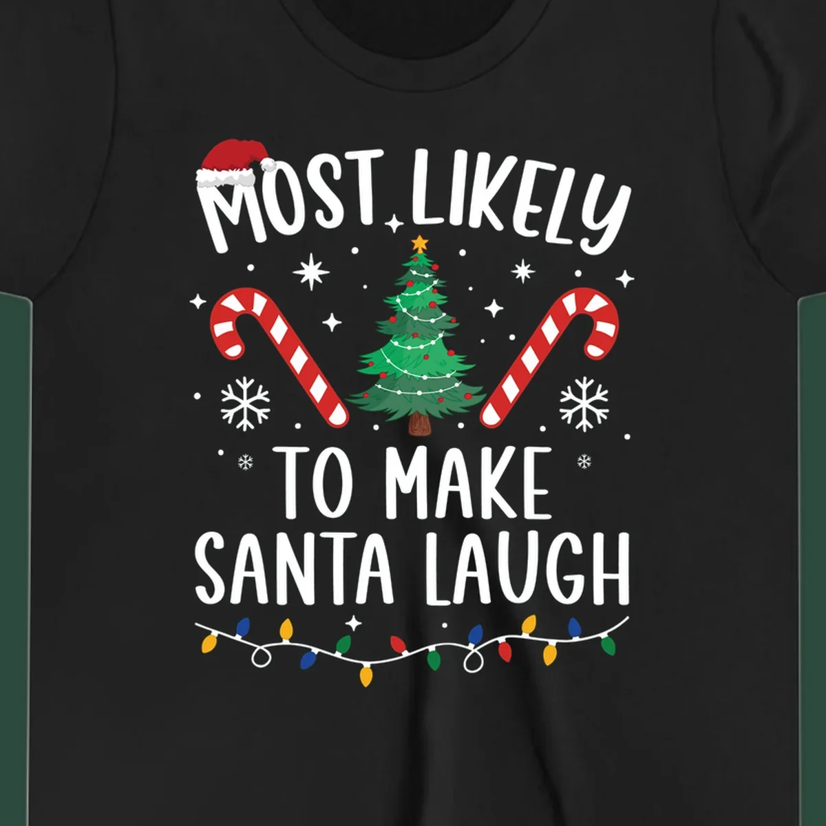 Most likely to make Santa laugh Christmas design with text, tree, candy canes, and lights.